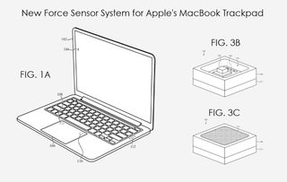 An Apple patent illustration showing a new force touch sensor design placed underneath a laptop trackpad