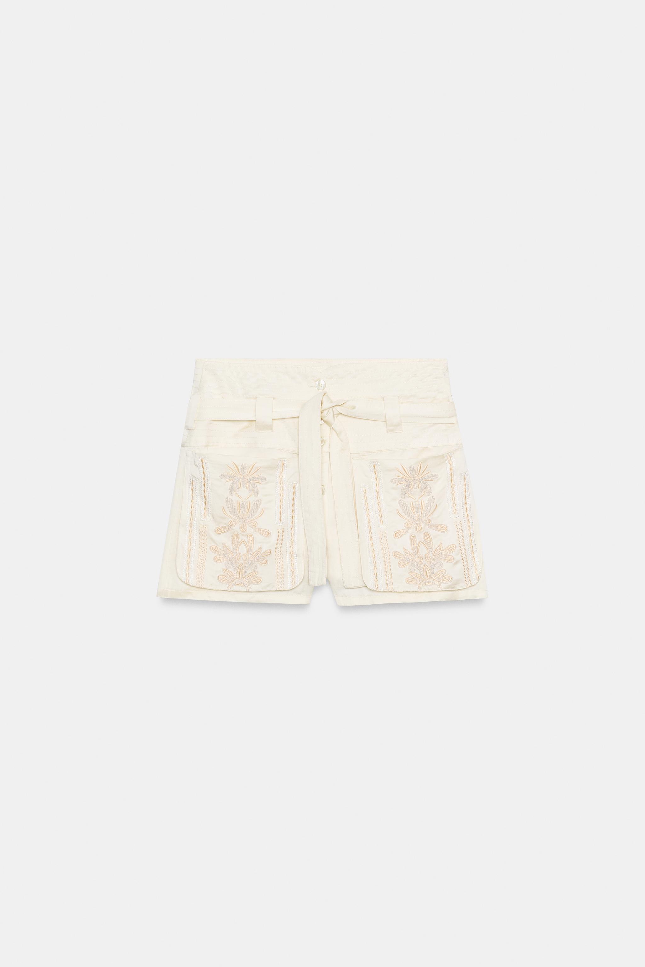ZARA Zw Collection Embroidered Bermuda Shorts - Ecru / Beige - Xs