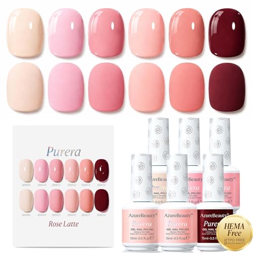 Azurebeauty 6 Colors 15ml Hema Free Gel Nail Polish Set, Same Color Bottles, Soak Off Uv Led Gel Polish Kit Nail Art for Diy at Home Manicure Salon Gifts, Nude Pink Beige Burgundy Red