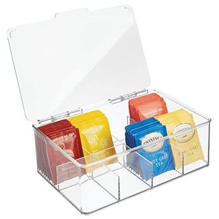 Mdesign clear plastic tea bag divided storage organizer container box with open hinge lid and assorted tea bags in colored packaging inside