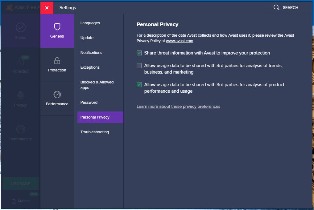 Screenshot of Avast's data sharing disclosure