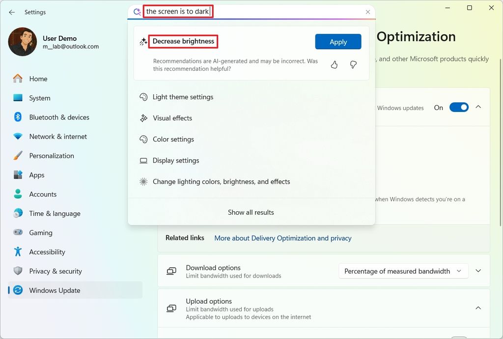 Settings app AI agent wrong answer