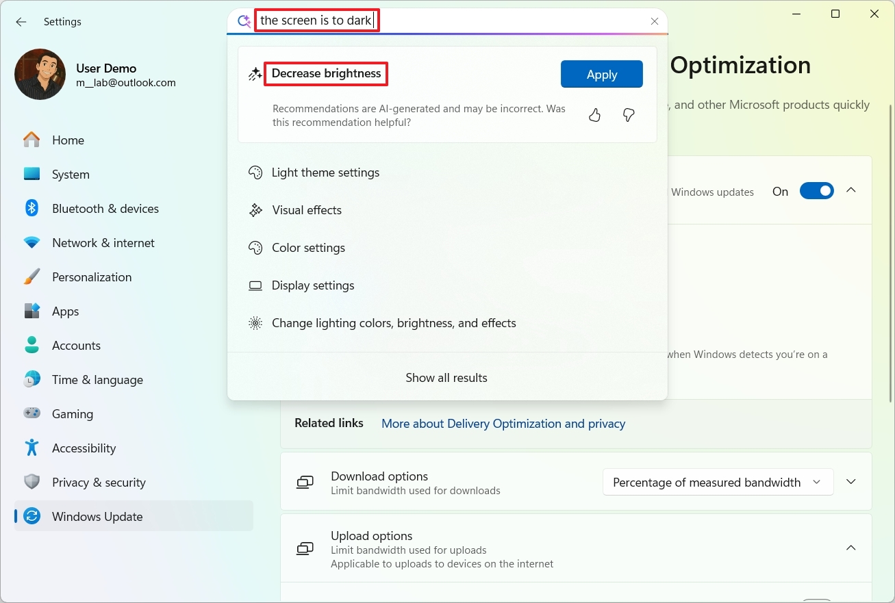 Settings app AI agent wrong answer
