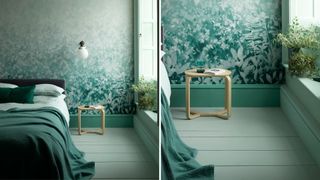 Green bedroom with leaf print wallpaper and sage green painted skirting boards to match the wall colour