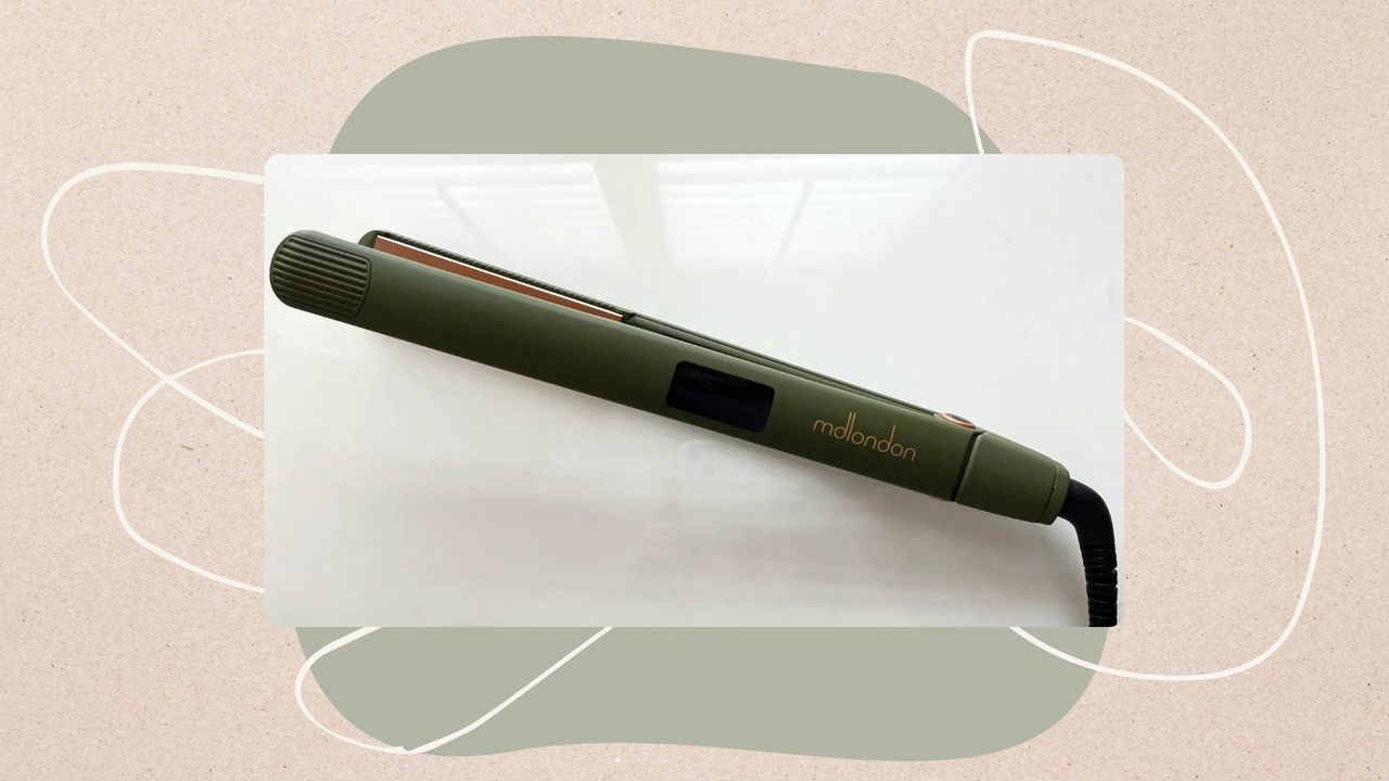 Image of green mdlondon Strait hair straightener on a beige background with sage green circle and cream swirl