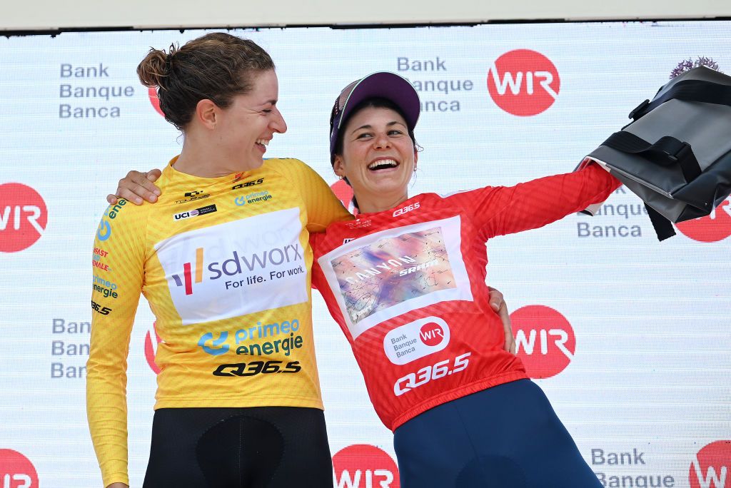 ABTWILL SWITZERLAND JUNE 18 LR Marlen Reusser of Switzerland and Team SD Worx and Elise Chabbey of Switzerland and Team CanyonSRAM Racing celebrate at podium as Yellow leader jersey and Red Mountain Jersey winners during the 3rd Tour de Suisse Women 2023 Stage 2 a 257km individual time trial from St Gallen to Abtwil UCIWWT on June 18 2023 in Abtwil Switzerland Photo by Tim de WaeleGetty Images
