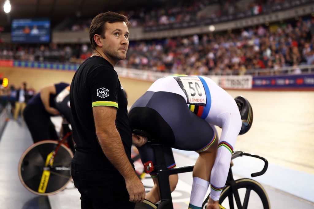 The Australian Cycling Team&#039;s sprint coach, Ross Edgar, helps the then world champion, Matthew Glaetzer, prepare for the sprint at the London round of the 2018 UCI Track World Cup