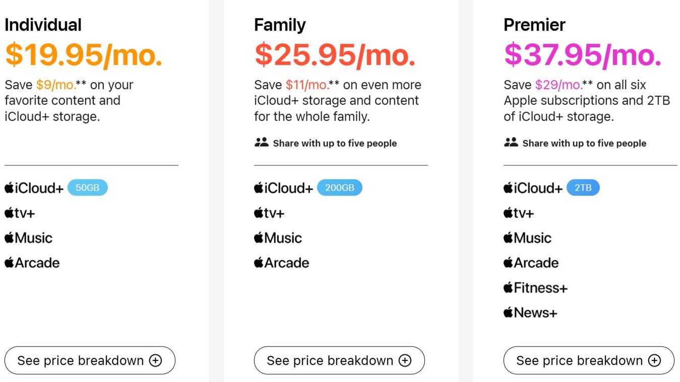 A screen shot of Apple One's US price plans