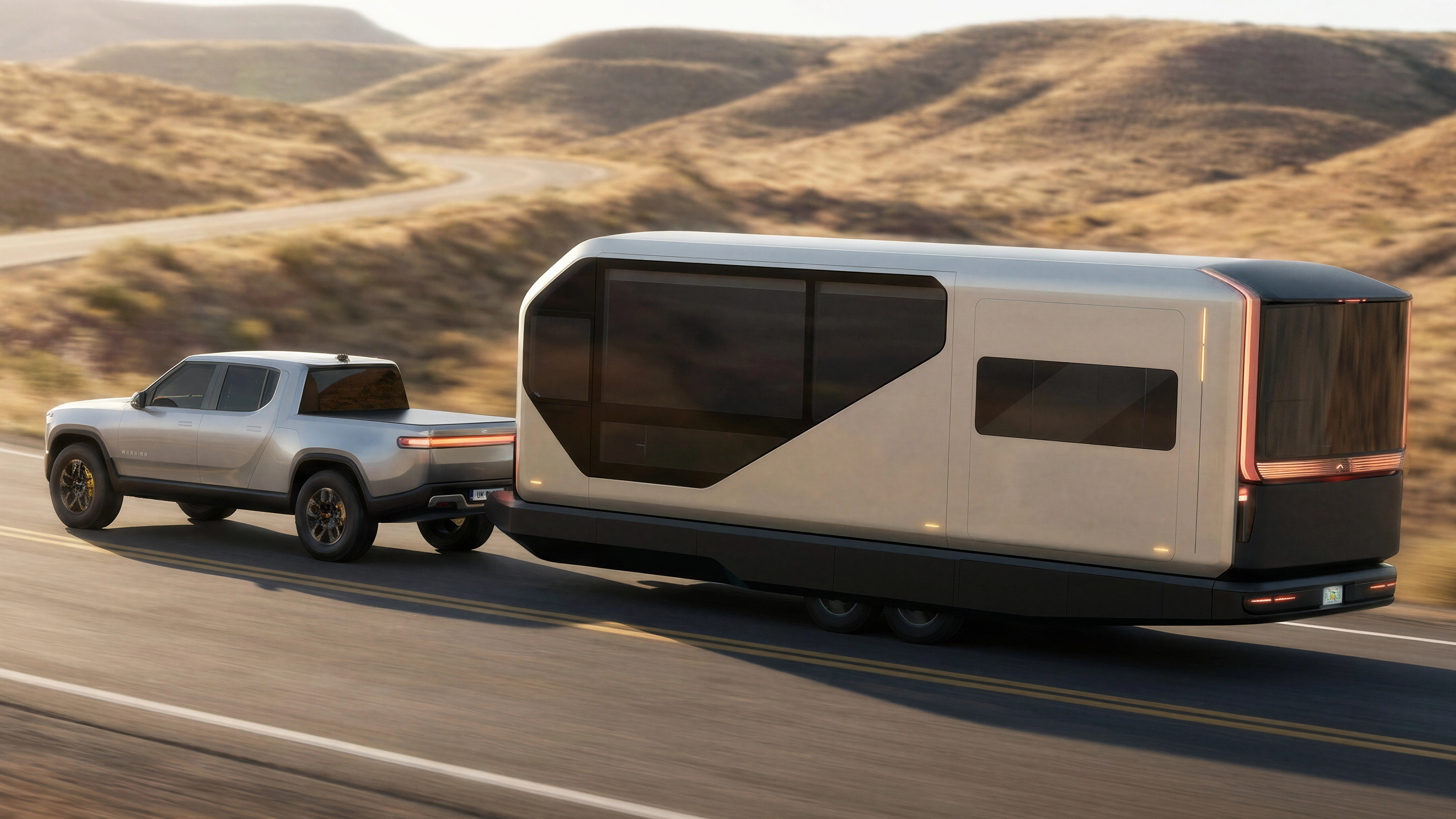 AC Future AI-THt Transformer Home Trailer, towed by the Rivian R1T
