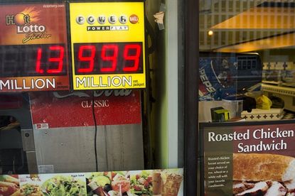 A Powerball lottery sign at a deli in Washington, DC.