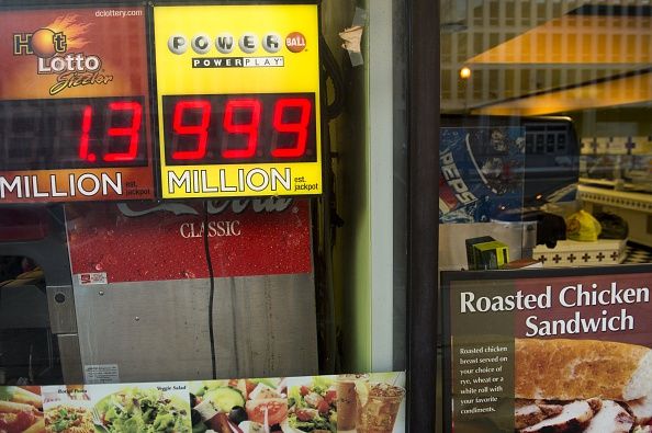 A Powerball lottery sign at a deli in Washington, DC.