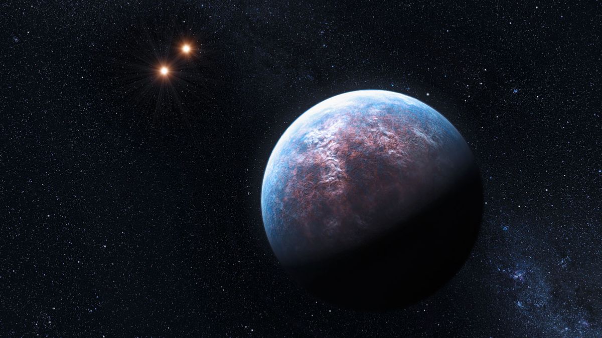 Artist&#039;s concept of Gliese 667, one of two multiple-star systems known to host planets below 10 Earth masses. 