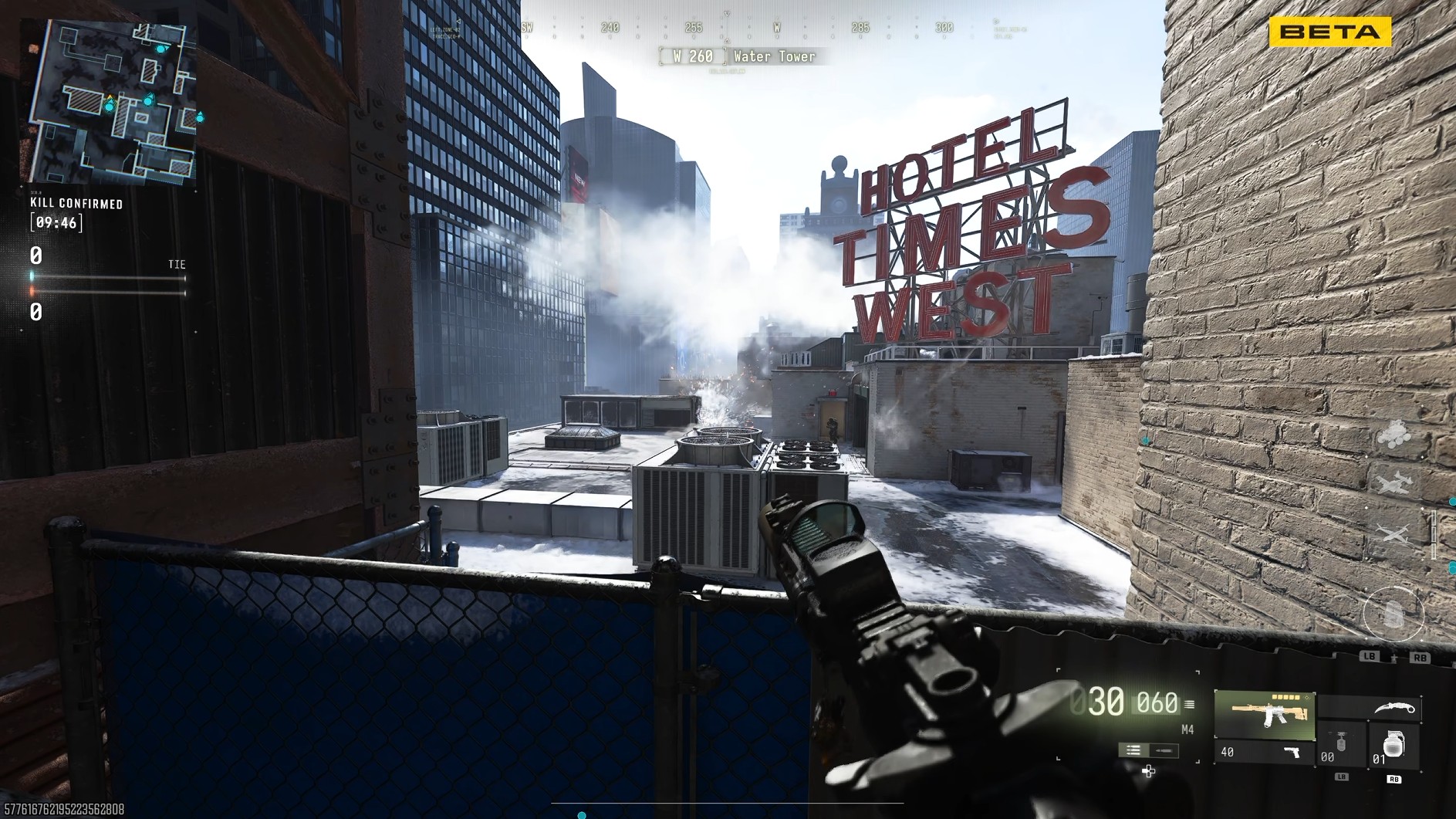 A screenshot from the Rooftops map in the Call of Duty: Modern Warfare 4 beta with a red sign saying Hotel Times West