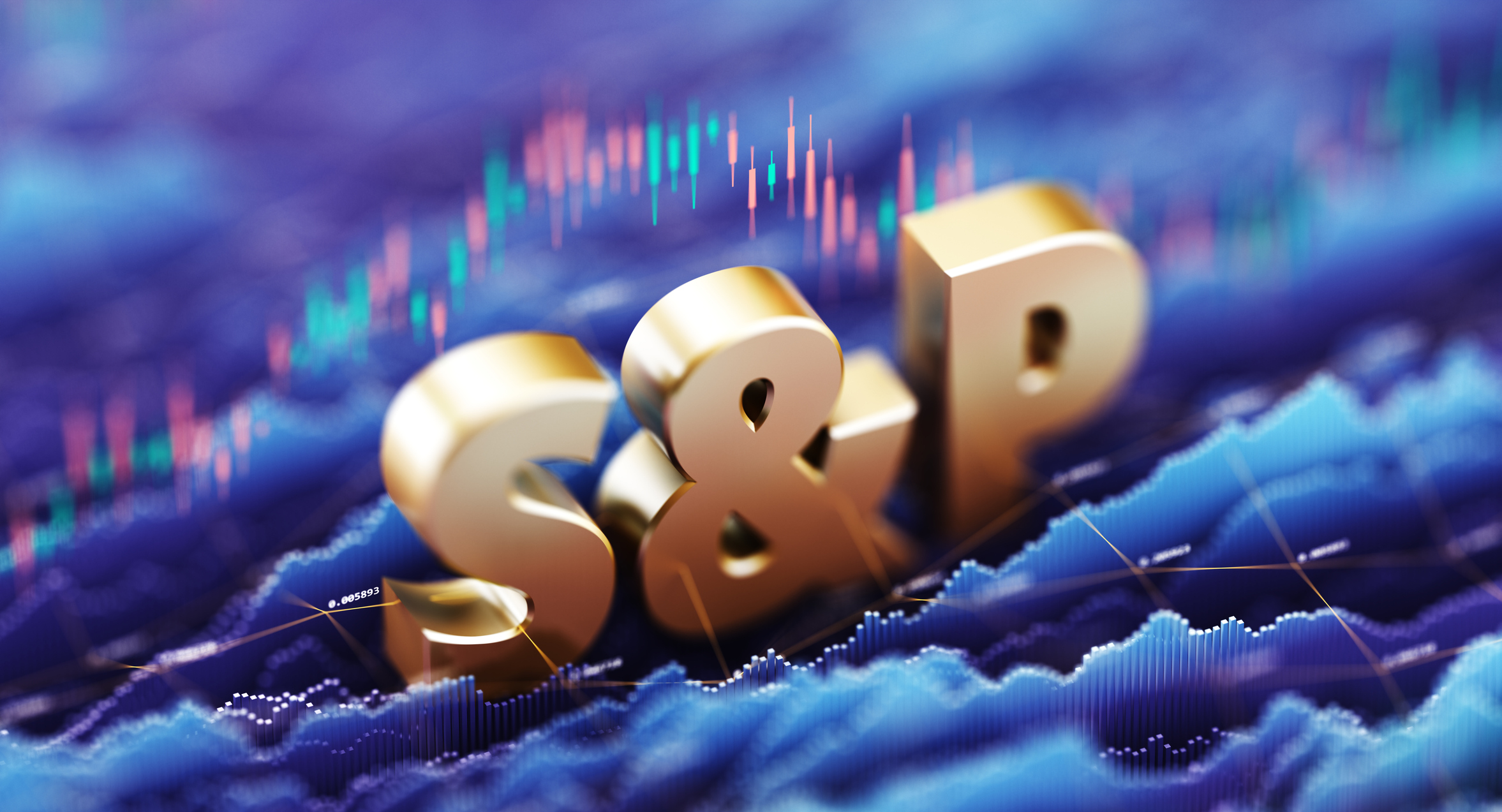 Golden 3D letters representing &amp;ldquo;S&amp;amp;P&amp;rdquo; set against a vibrant digital background of financial charts and market data. Symbolizes the S&amp;amp;P 500 index, U.S. equities performance, and investor sentiment in capital markets.