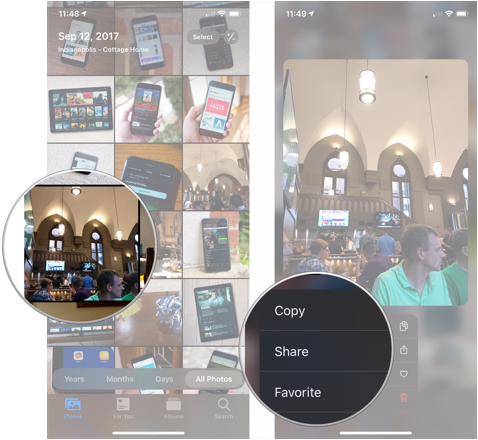 Haptic Touch Live Photos, showing how to long-press a photo, then tap an action