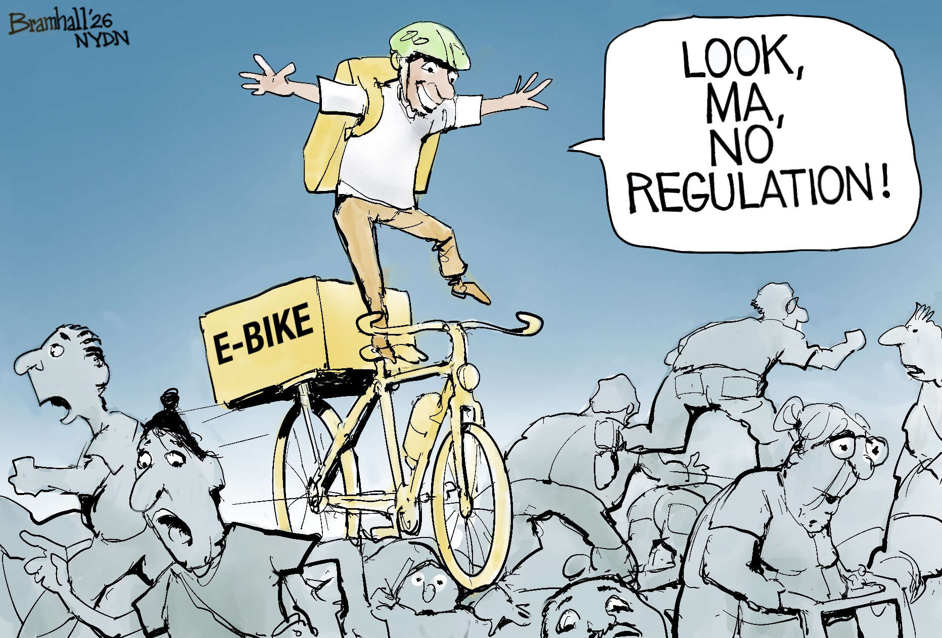 A man balances himself on the handlebars of an e-bike in New York City while a crowd of people scamper away in fear. The balancing man says, &amp;ldquo;Look, ma, no regulation!&amp;rdquo;