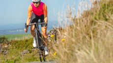Female cyclist climbs in summer kit