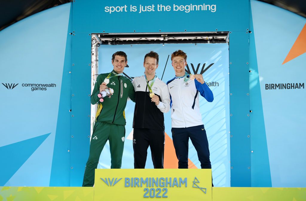 WARWICK ENGLAND AUGUST 07 L R Silver Medalist Daryl Impey of Team South Africa Gold Medalist Aaron Gate of Team New Zealand and Bronze Medalist Finn Crockett of Team Scotland pose with their medals during the Mens Road Race medal ceremony on day ten of the Birmingham 2022 Commonwealth Games at on August 07 2022 on the Warwick England Photo by Justin SetterfieldGetty Images