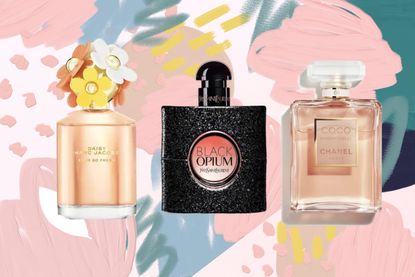 Collage of three perfumes on a pink background that are in the Cyber Monday perfume deals for 2022