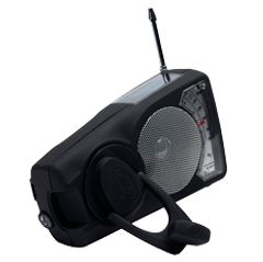This image shows the EyeMax crank radio. This radio has a solar panel located at the top of the radio and can also be charged through a USB.