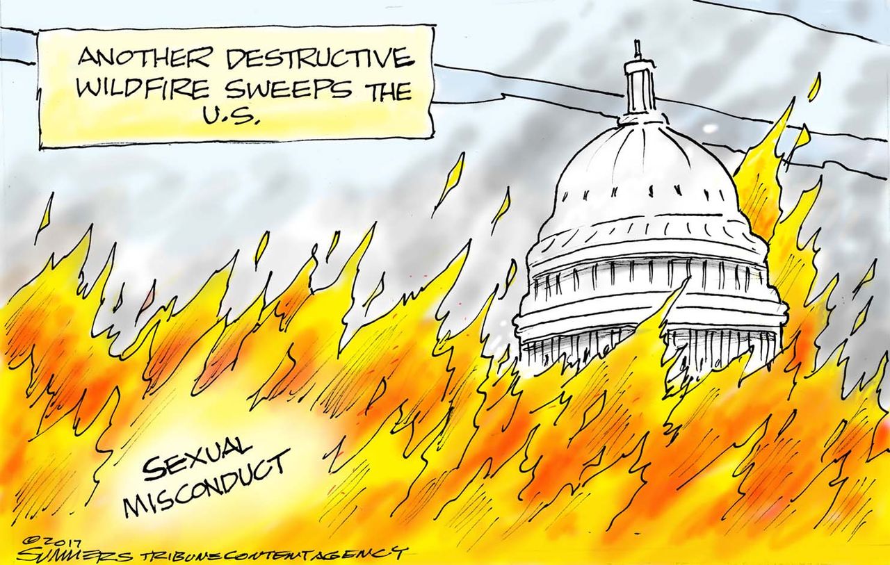 Political cartoon U.S. California fires sexual harassment