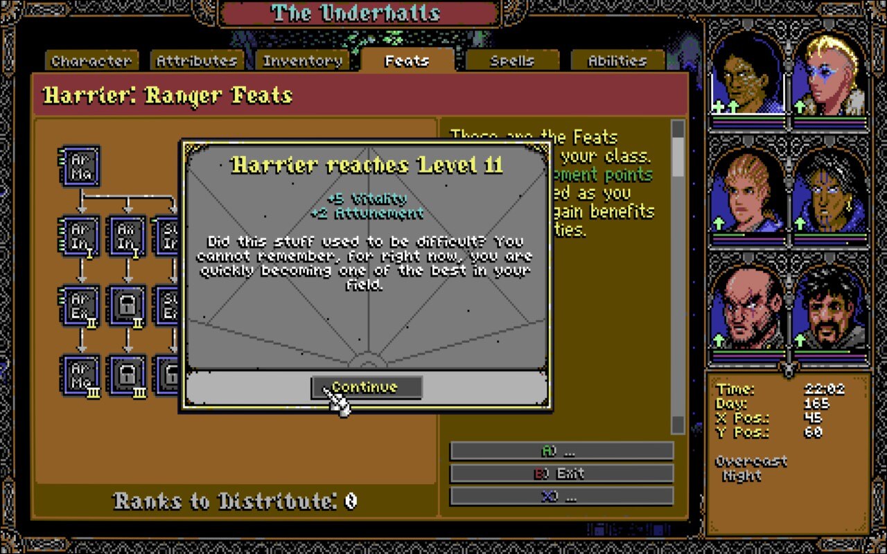 Skald level up screen showing a motivational message later in the game at level 11.