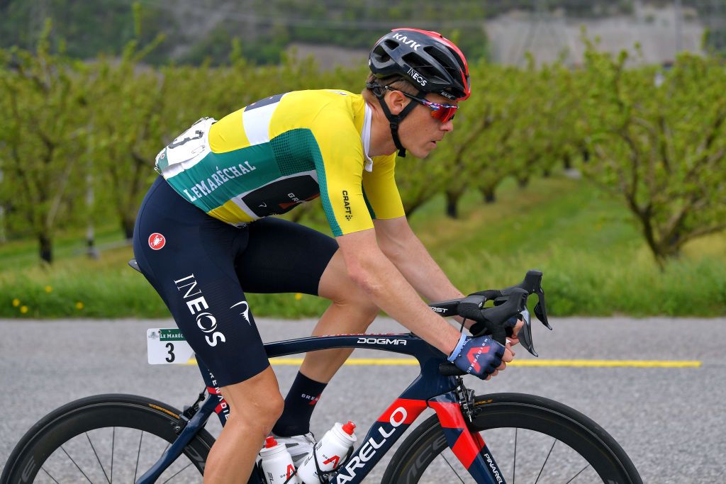 MARTIGNY SWITZERLAND APRIL 28 Rohan Dennis of Australia and Team INEOS Grenadiers Yellow Leader Jersey during the 74th Tour De Romandie 2021 Stage 1 a 1681km stage from Aigle to Martigny TDR2021 TDRnonstop UCIworldtour on April 28 2021 in Martigny Switzerland Photo by Luc ClaessenGetty Images