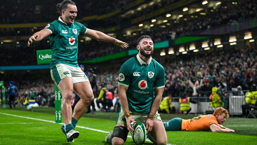 Robbie Henshaw of Ireland celebrates with teammate James Lowe, left, after scoring their side's sixth try during the Quilter Nations Series 2025 match between Ireland and Australia at the Aviva Stadium in Dublin ahead of Ireland vs South Africa.