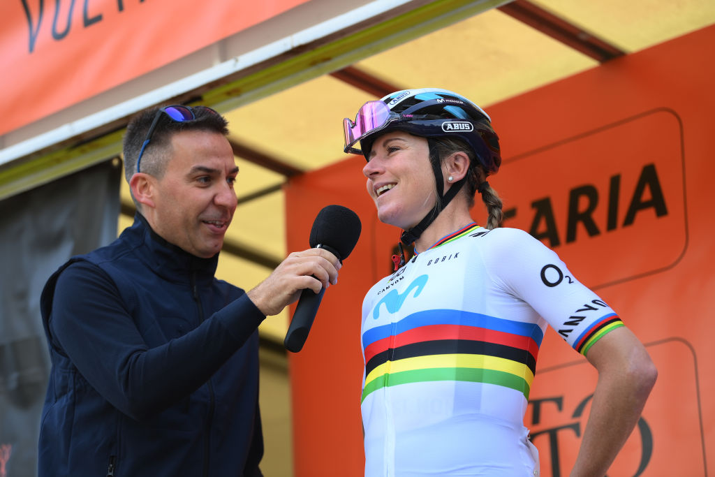 VALENCIA SPAIN FEBRUARY 16 Annemiek Van Vleuten of The Netherlands and Movistar Team prior to the 7th Setmana Ciclista Volta Comunitat Valenciana Femines 2023 Stage 1 a 119km stage from Valencia to Sagunt SetmanaCiclista23 on February 16 2023 in Valencia Spain Photo by Alex BroadwayGetty Images