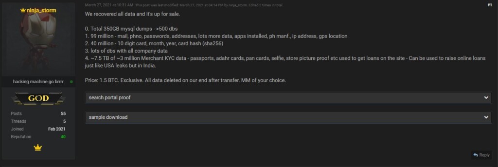 Screenshot of what the seller at hacker forum claims to have in possession