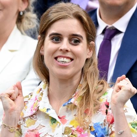 Princess Beatrice wearing a Monique Lhuillier floral dress at the 2024 Wimbledon games in London July 2024