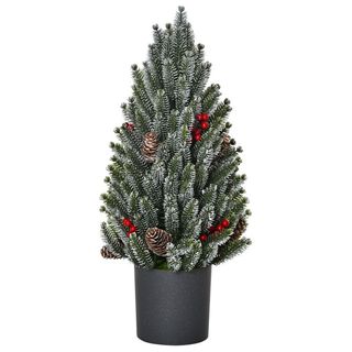 Homcom 1.5 Ft Tall Unlit Miniature Snow-Flocked Tabletop Artificial Christmas Tree, Holiday Decoration With Pine Cones and Berries