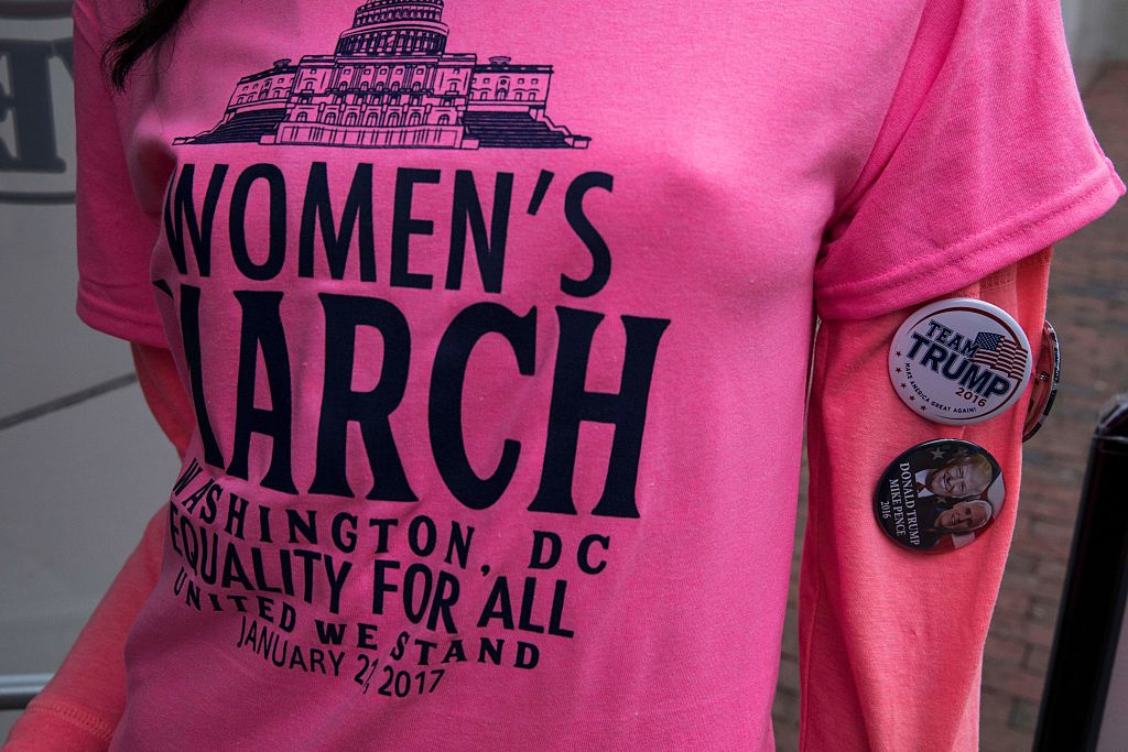 A t-shirt on a mannequin wearing a Women's March and Donald Trump buttons is pictured before President-elect Trump's inauguration January 20, 2017 in Washington, DC.