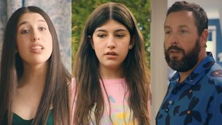 from R to L, Sadie Sandler, Sunny Sandler, and Adam Sandler, all starring in You Are So Not Invited to My Bat Mitzvah (2023).