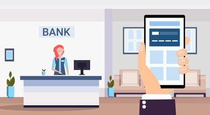 Illustration of someone holding their phone in a bank lobby.