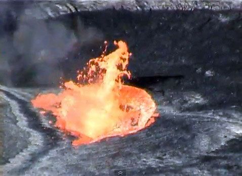 Fountaining activity on the surface of a lava lake.