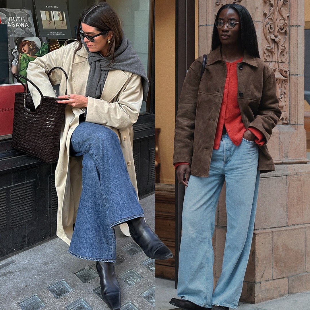 fashion collage featuring two British style influencers Anna Newton and Liv Madeline wearing chic fall outfits with jeans, a trench coat, a suede jacket, a wove bag, and black boots
