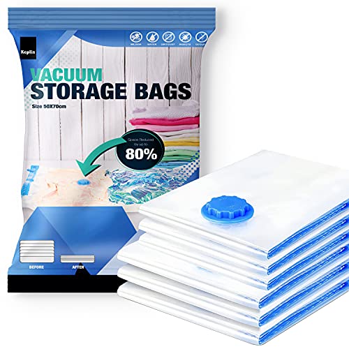 Keplin Vacuum Storage Bags | Maximise Space and Store Clothes, Bedding, Towels, Duvet & Pillow | Space Saver Air Suction Bag With Secure Double Zip + Valve | 6 Pack Medium (50cm X 70 Cm)