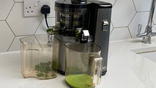 Nama Vitality 5800 on a kitchen countertop in use juicing kale