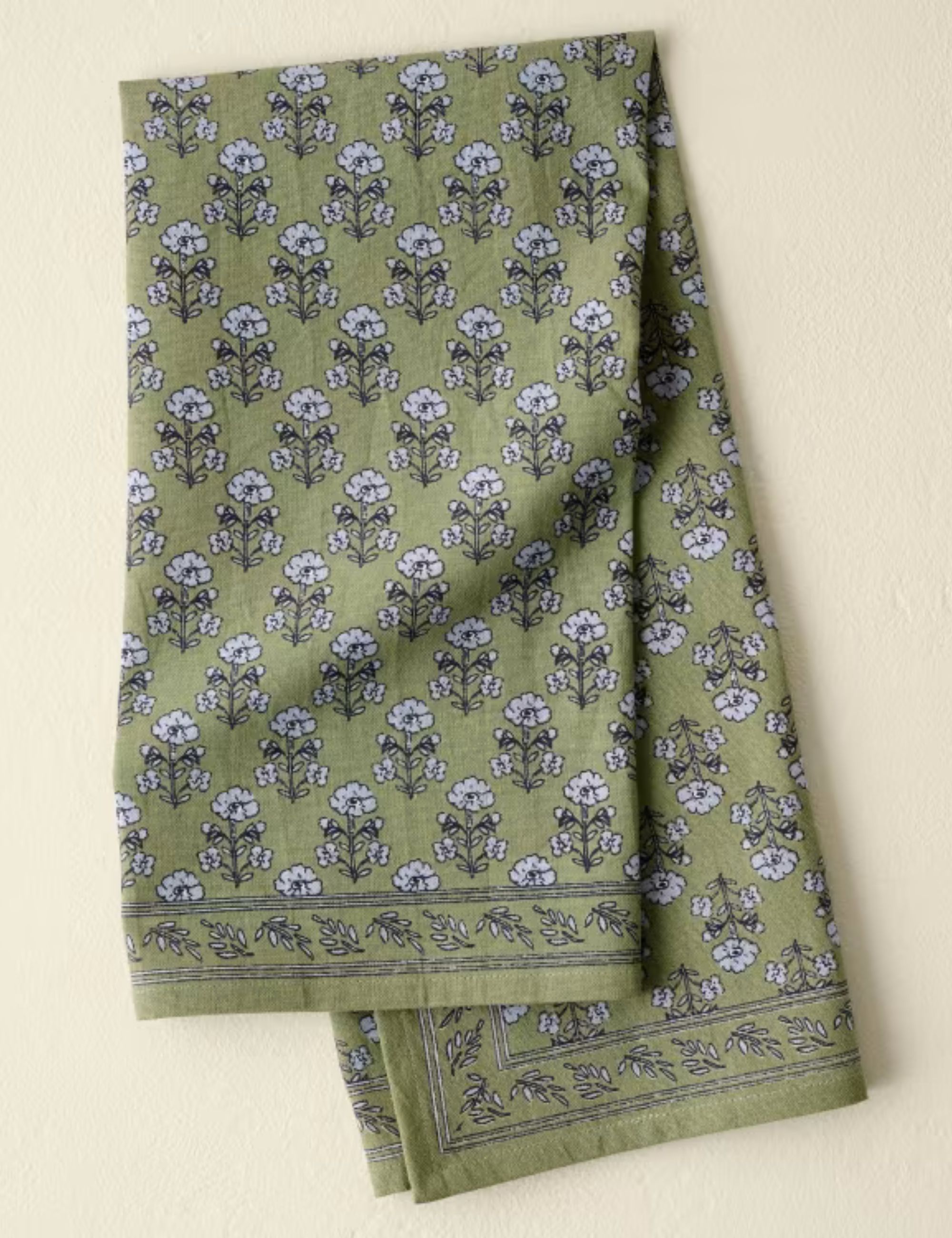 Green and floral block print tea towel