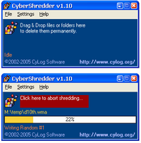 14. CyberShredder
CyberShredder is a lightweight yet effective data-shredding tool. The executable file is less than 1 MB, and you can install it on your PC seamlessly. This tool is free to use, so don’t worry about the costs. CyberShredder does one job and does it excellently. You can drag and drop the files you want to delete, and the tool works. CyberShredder overwrites files 26 times, making recovery impossible. You'll see the progress bar as the file gets overwritten, and you can quickly abort the operation if you observe any mistakes. This tool has a simple interface that you should face little or no problems navigating. The main drawback is that it has limited functionality. It doesn’t come with complementary data management features like many rival tools. 
