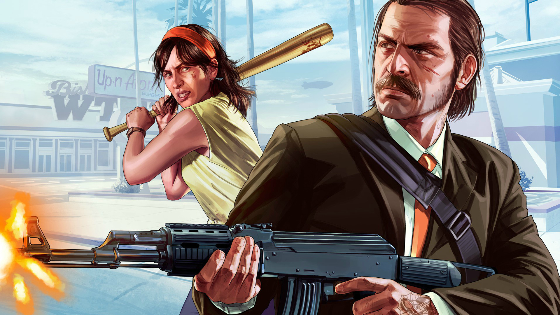 GTA 5, A man shoots an assault rifle as a woman swings a bat in the background