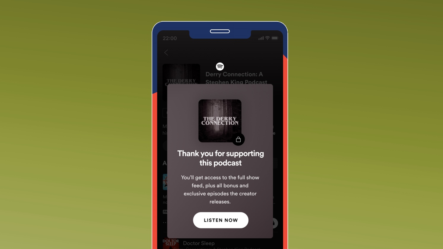 Spotify app on a phone showing a &#039;Thank you for supporting this podcast&#039; pop up