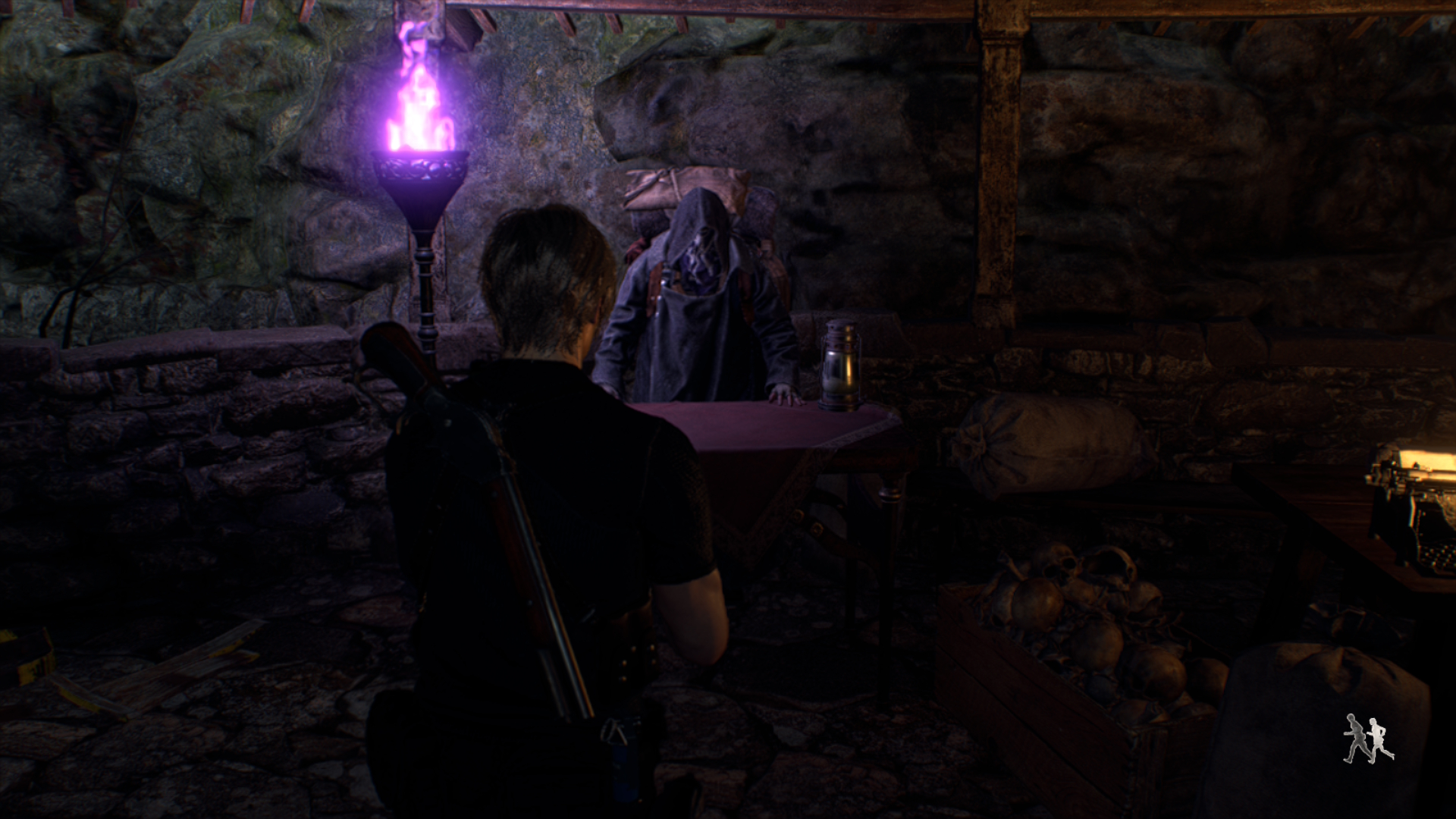Leon approaches the merchant in Resident Evil 4 for Nintendo Switch 2