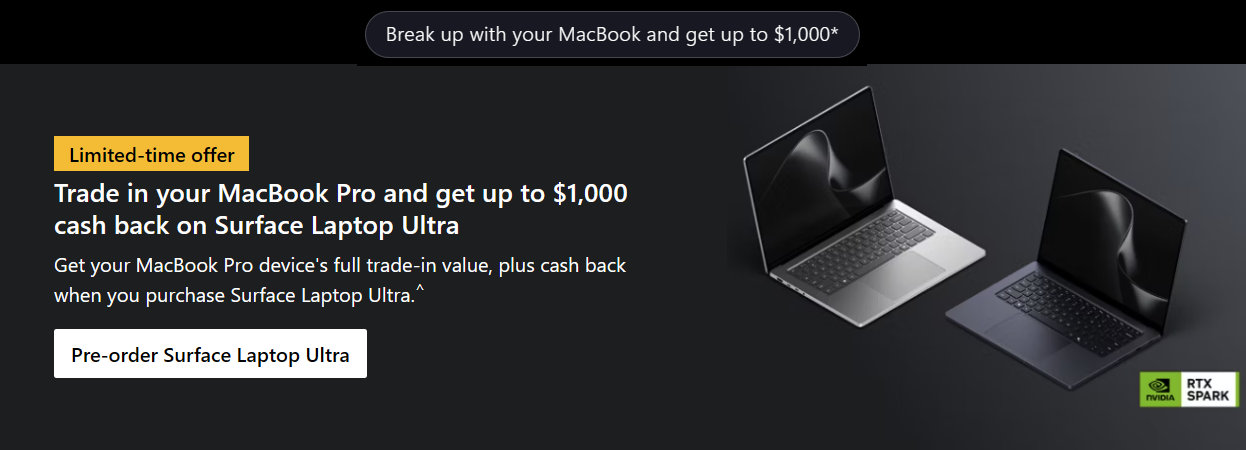 Microsoft Surface Laptop Ultra trade-in promotion offering up to $1,000 cash back for MacBook Pro owners.