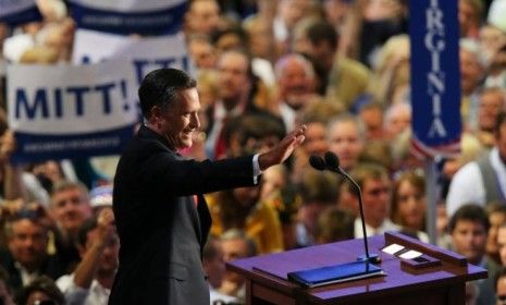 Mitt Romney concludes his acceptance speech for the Republican nomination for president at the Tampa Bay Times Forum. 