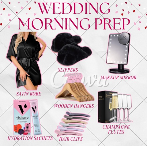 A graphic titled 'wedding morning prep' with various images and text of things you can purchase including a satin robe, slippers, and champagne flutes.