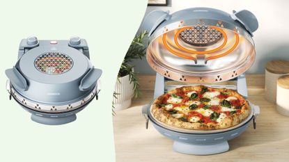Kenwood My Pizzeria Pizza Oven cut out next to the Kenwood My Pizzeria Pizza Oven cooking a pizza