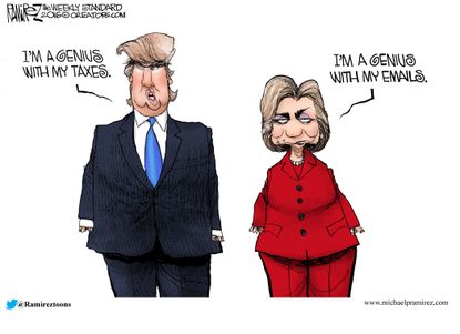 Political cartoon U.S. 2016 election Hillary Clinton emails Donald Trump taxes