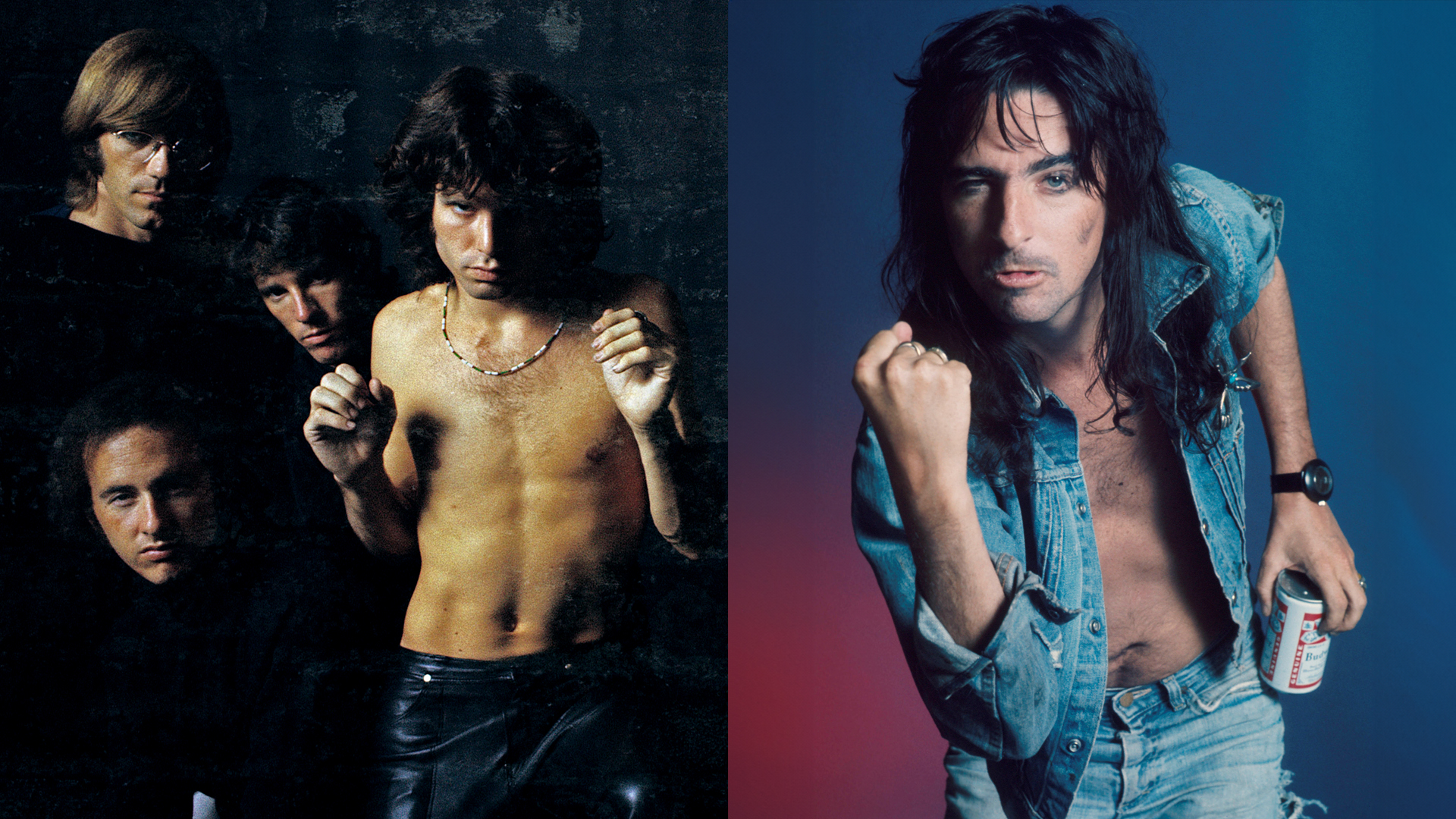 LEFT: American rock band The Doors pose for their first album cover, 1967. They are (clockwise from top left) keyboardist Ray Manzarek, drummer John Densmore, vocalist Jim Morrison, and guitarist Robby Krieger. RIGHT: Alice Cooper, studio portrait, London, 1974. 